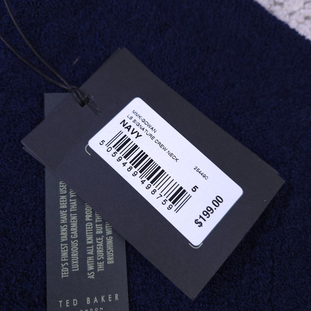 Ted Baker Sweater Mens Size 5 Pullover Signature Logo Crew Neck Blue Wool Blend - Picture 4 of 10